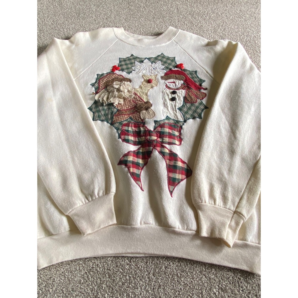 Vintage Fruit of the Loom‎ Christmas Wreath Sweatshirt Womens Large Cream 3D 90s
